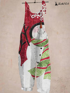 Christmas Red Snowman Print Casual Jumpsuit