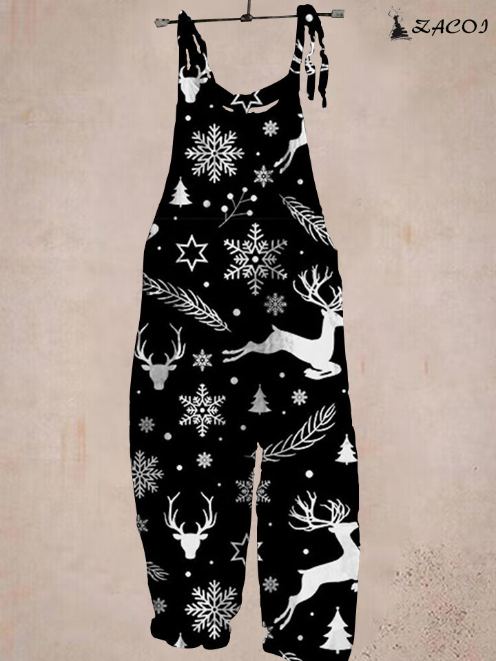 Christmas black and white elk snowflake print jumpsuit