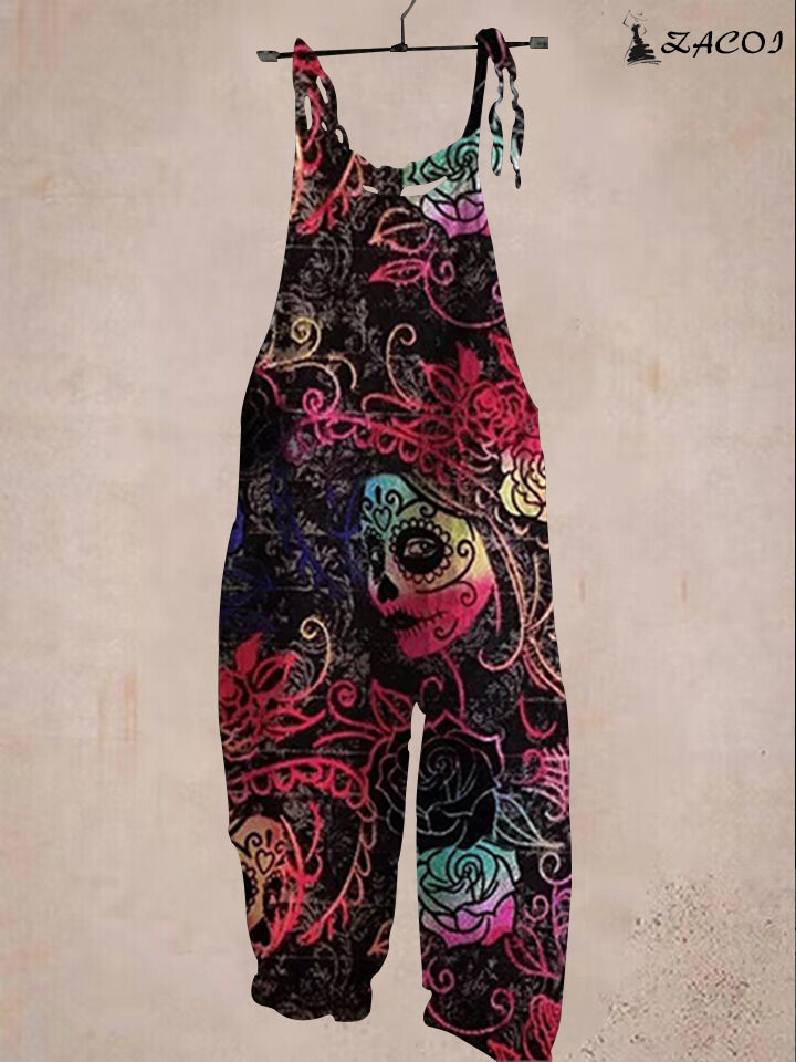 Women's Halloween Night Skull Floral Jumpsuit - 2