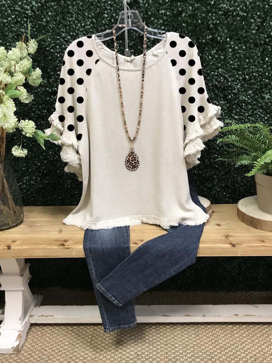 SHORT SLEEVE CASUAL CREW NECK POLKA DOTS SHIRTS & TOPS