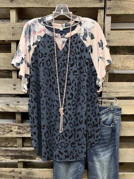 Short Sleeve Crew Neck Casual Leopard-print Shirts & Tops