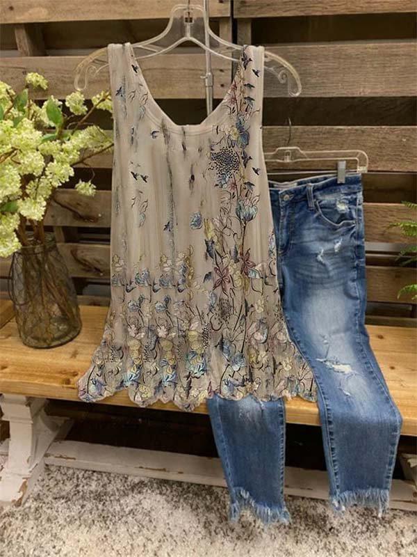 FLORAL-PRINT SLEEVELESS CASUAL SHIRTS & TOPS