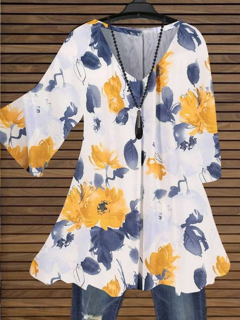 34 Sleeve V Neck Cotton Floral Tops