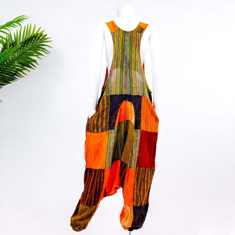 Earth Tone Patchwork Harem Cotton Jumpsuit